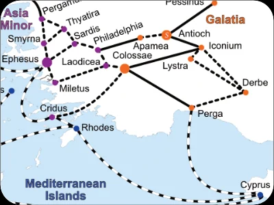 A close view of the Journeys for Paul map around Asia Minor and Galatia, with solid road lines, dashed footpaths and cities coloured by region.