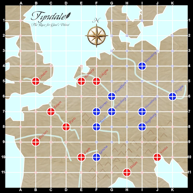 The Tyndale gameboard: a map of England and Europe overlaid with a lettered and numbered grid, with large circles for Printing Centres such as London, Antwerp, Cologne and Wittenberg.