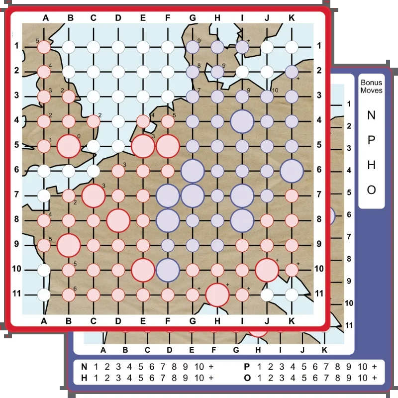 A red-bordered Bishop’s Agent scorecard in front of Tyndale’s blue-bordered scorecard, with the bonus moves and shipment tables.
